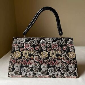 Vintage Dark Floral Tapestry Handbag Framed Top Handle Gold Hardware Made in USA